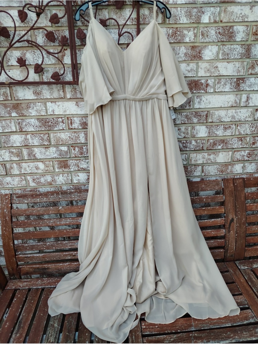 A-Line V- Neck Strap Off Shoulder Chiffon Dress Flutter Sleeve Floor Length NWT.
